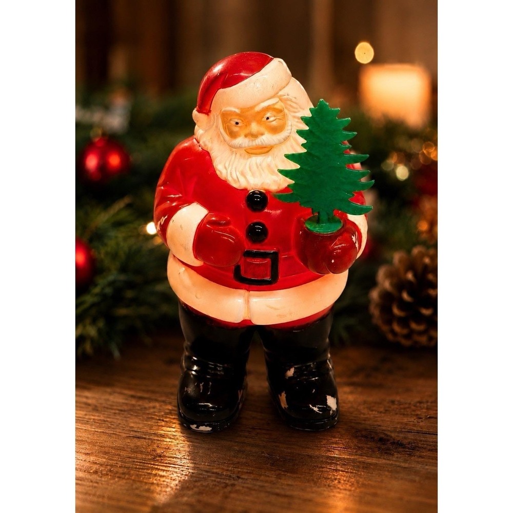 Royalite Hard Plastic Blow Mold Light Up Santa With Original Pine Tree VTG